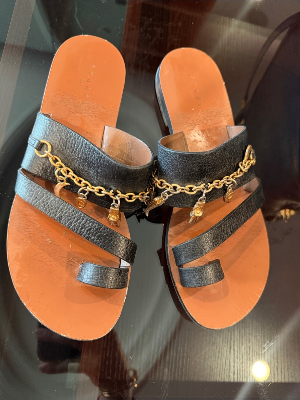 Sandro Black Leather Chain-Accent Women's Slide Sandals size 39